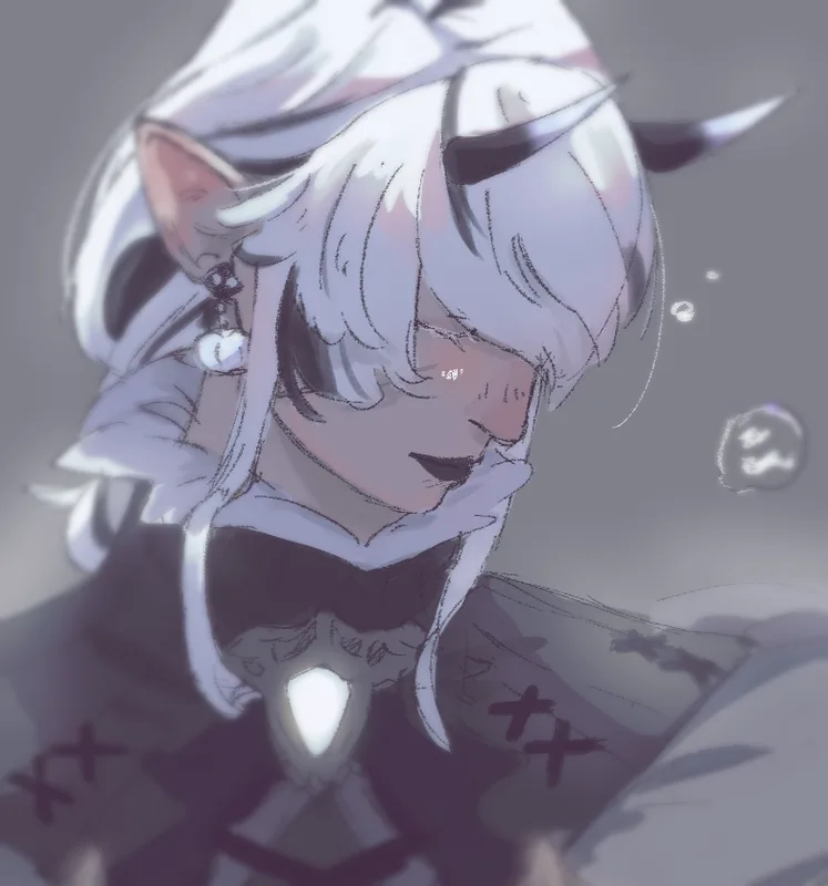 elf character with white and black hair light from above, his eyes are closed.
