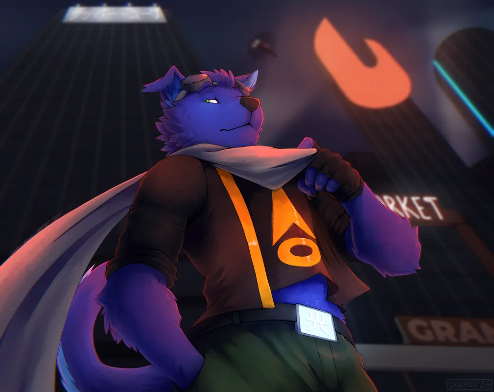 Art of a blue anthropomorphic character in a futuristic city.