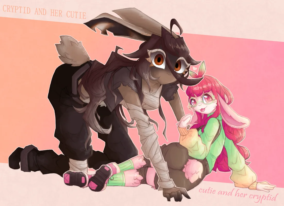 Rendered illustration of Lua and Reagen, a large hare and small bunny respectively. OCs of artichao.