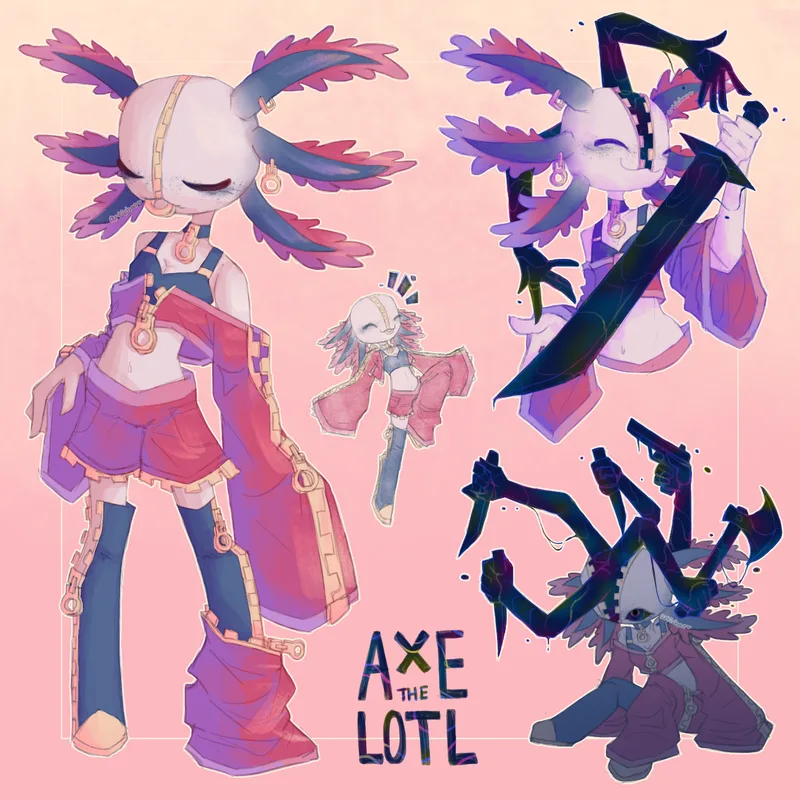 Doodle page of AXE, a monster in an axolotl costume. OC of artichao.